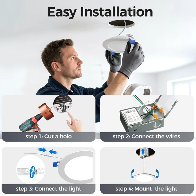 Alt view image 7 of 7 - CHARKEE 12 Pack 6 Inch 5CCT LED Recessed Ceiling Lighting with Night Light | Canless Ultra-Thin Dimmable Wafer Downlight with Junction Box,13W=110W,2700K-5000K, 1000LM, ETL & Energy Star & FCC,White