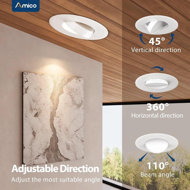 Alt view image 2 of 7 - Amico 6 Inch Gimbal Eyeball LED Retrofit Recessed Can Lights, 5CCT, 6 Pack | Adjustable Directional Lighting, Dimmable, 2700K/3000K/4000K/5000K/6000K Selectable, 950LM, 10W, ETL & FCC
