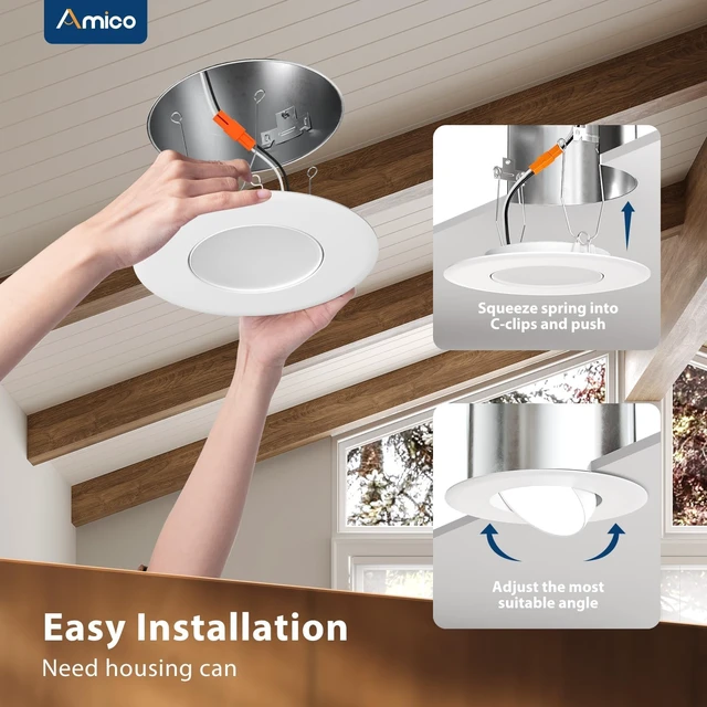 Alt view image 5 of 7 - Amico 6 Inch Gimbal Eyeball LED Retrofit Recessed Can Lights, 5CCT, 6 Pack | Adjustable Directional Lighting, Dimmable, 2700K/3000K/4000K/5000K/6000K Selectable, 950LM, 10W, ETL & FCC