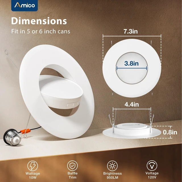 Alt view image 7 of 7 - Amico 6 Inch Gimbal Eyeball LED Retrofit Recessed Can Lights, 5CCT, 6 Pack | Adjustable Directional Lighting, Dimmable, 2700K/3000K/4000K/5000K/6000K Selectable, 950LM, 10W, ETL & FCC