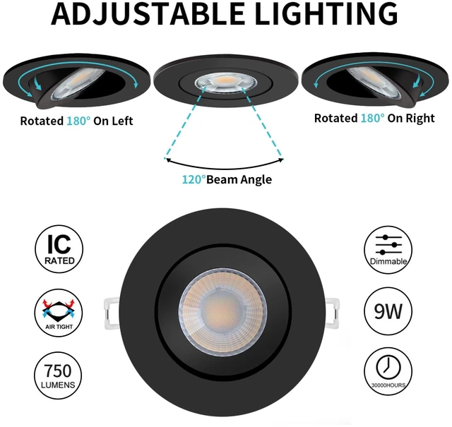 Alt view image 4 of 7 - KnLnny Ware Black Recessed Lights 4 Inch 6Pack,Dimmable,5 CCT | 9W, IC Rated Air Tight, Swivel Adjustable Eyeball Downlight with J Box, 180° Rotation Canless LED Ceiling Light