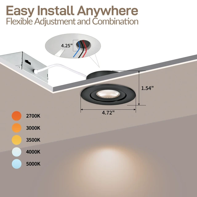 Alt view image 3 of 7 - KnLnny Ware Black Recessed Lights 4 Inch 6Pack,Dimmable,5 CCT | 9W, IC Rated Air Tight, Swivel Adjustable Eyeball Downlight with J Box, 180° Rotation Canless LED Ceiling Light