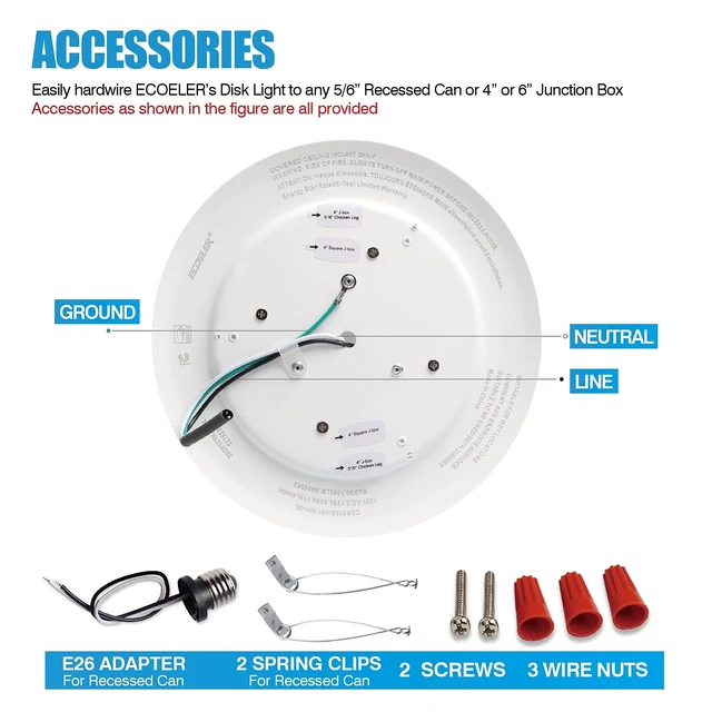 Alt view image 6 of 7 - ECOELER 6 Dimmable LED Flush Mount Disc Lights, 16.5W, 1000Lm, 5000K Day Light, Surface Mount Ceiling Light Installs with Junction Box or Recessed Can, Energy Star & ETL-Listed, 24 Pack
