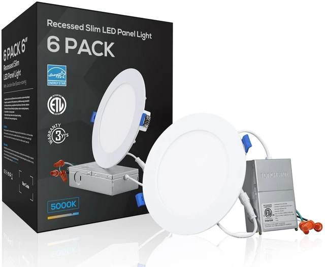 Main image of TORCHSTAR 6-Pack 6 Inch Ultra-Thin LED Recessed Light, CRI90 12W, 5000K | Aluminum Dimmable Slim LED Downlight with Junction Box, Daylight, ETL & ES & FCC & IC