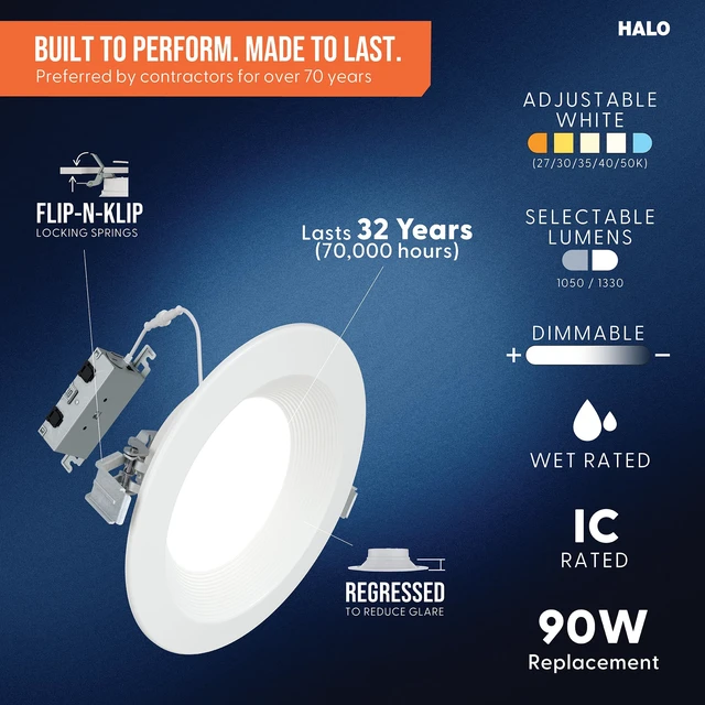 Alt view image 3 of 7 - HALO RL Canless LED Recessed Lighting 6 in 5CCT 1050/1330lm | Regressed for low glare, IC rated, airtight, wet rated for soffit /shower light, 2700K-5000K, dim + dim to warm Flip-N-Klip