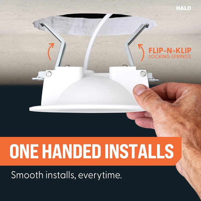 Alt view image 4 of 7 - HALO RL Canless LED Recessed Lighting 6 in 5CCT 1050/1330lm | Regressed for low glare, IC rated, airtight, wet rated for soffit /shower light, 2700K-5000K, dim + dim to warm Flip-N-Klip