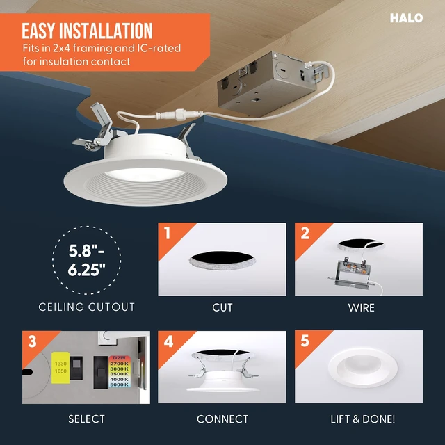 Alt view image 7 of 7 - HALO RL Canless LED Recessed Lighting 6 in 5CCT 1050/1330lm | Regressed for low glare, IC rated, airtight, wet rated for soffit /shower light, 2700K-5000K, dim + dim to warm Flip-N-Klip