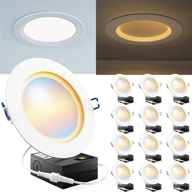 Main image of Sunco 12 Pack 6 Inch Slim LED Recessed Ceiling Lights, Night Light, 5CCT | Selectable CCT 2700K/3000K/4000K/5000K/6000K, Dimmable, With Junction Box, Canless Wafer Thin, Baffle Trim for Low Ceilings