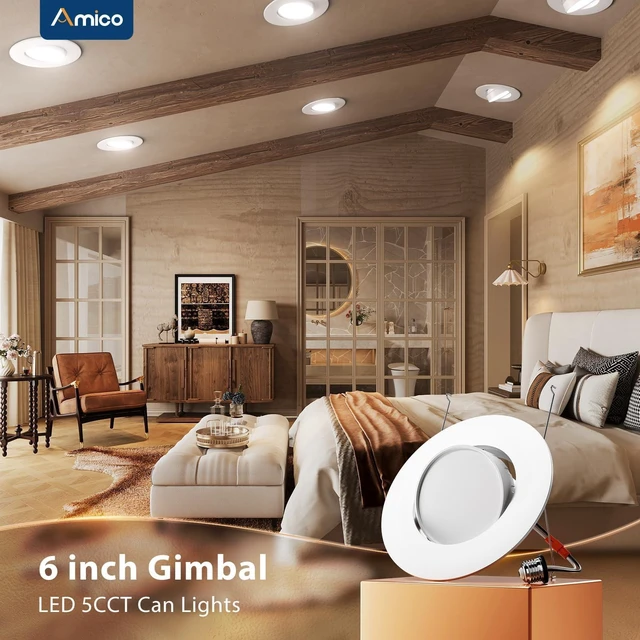 Alt view image 2 of 6 - Amico 5/6 Inch Retrofit Eyeball Gimbal Can Lights with Metal Trim, 6 Pack | 45°Directional Angled Adjustable, 16W=150W, 1500LM, Dimmable, 5CCT Selectable, Easy Install, IC & Damp Rated, ETL & FCC