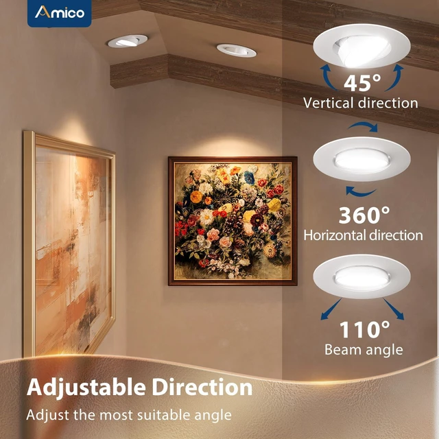 Alt view image 3 of 6 - Amico 5/6 Inch Retrofit Eyeball Gimbal Can Lights with Metal Trim, 6 Pack | 45°Directional Angled Adjustable, 16W=150W, 1500LM, Dimmable, 5CCT Selectable, Easy Install, IC & Damp Rated, ETL & FCC