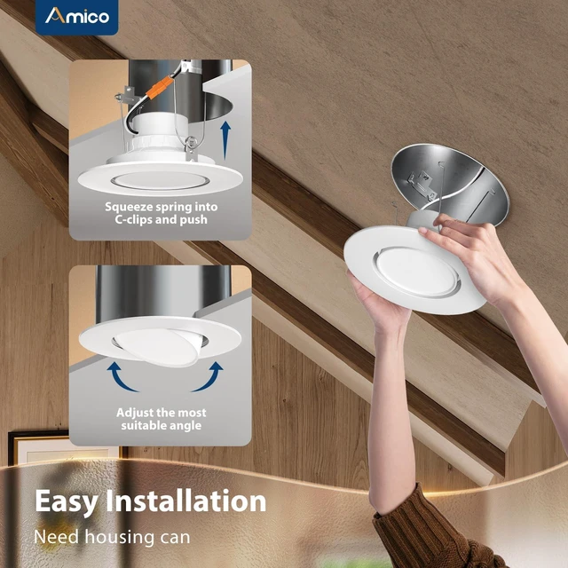 Alt view image 4 of 6 - Amico 5/6 Inch Retrofit Eyeball Gimbal Can Lights with Metal Trim, 6 Pack | 45°Directional Angled Adjustable, 16W=150W, 1500LM, Dimmable, 5CCT Selectable, Easy Install, IC & Damp Rated, ETL & FCC