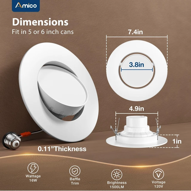 Alt view image 6 of 6 - Amico 5/6 Inch Retrofit Eyeball Gimbal Can Lights with Metal Trim, 6 Pack | 45°Directional Angled Adjustable, 16W=150W, 1500LM, Dimmable, 5CCT Selectable, Easy Install, IC & Damp Rated, ETL & FCC