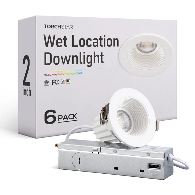 Main image of TORCHSTAR 6-Pack 5CCT 2 Inch LED Recessed Lighting, Anti-Glare, CRI90 | Deep Baffle Trim, Wet Location, 600LM Dimmable, Aluminum, IC Rated, ETL, Ceiling Downlight for Bathroom, Eaves, Porch