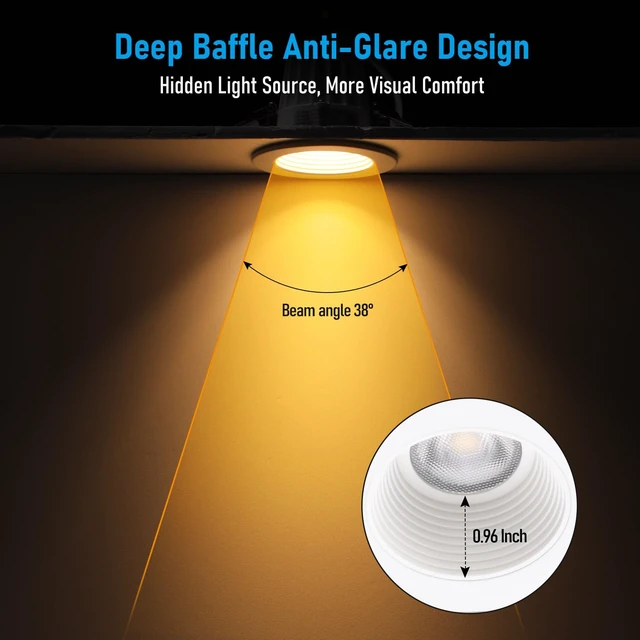 Alt view image 3 of 7 - TORCHSTAR 6-Pack 5CCT 2 Inch LED Recessed Lighting, Anti-Glare, CRI90 | Deep Baffle Trim, Wet Location, 600LM Dimmable, Aluminum, IC Rated, ETL, Ceiling Downlight for Bathroom, Eaves, Porch