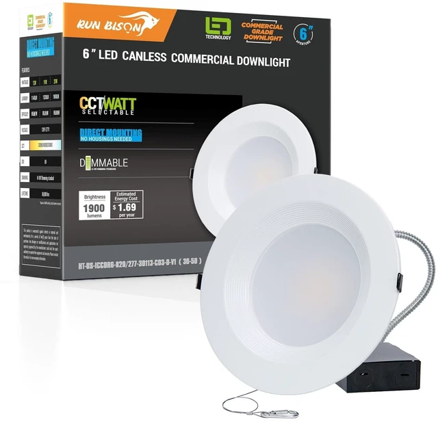 Main image of Run Bison 6 inch 120-277V LED Recessed Lighting with J-Box, ETL Listed | Wattage Adjustable 12/16/20W,3 Color Selectable 3000K-5000K, 10%-100% Dimmable, Canless LED Downlight -1 Pack