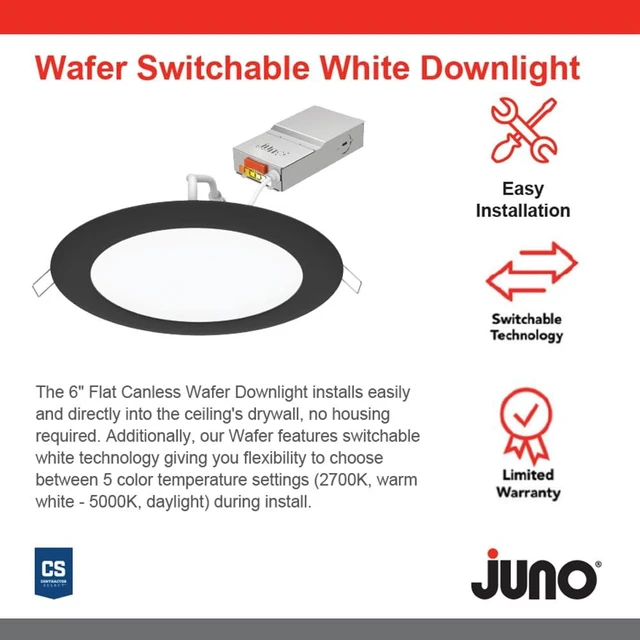 Alt view image 2 of 7 - Juno 6 Inch LED Recessed Light, 5CCT, Ultra-Thin Flat Trim, Black, 6-Pk | 6 Inch Matte Black Round Wafer Downlights, 5-in-1 Switchable White Color Temperature, 120V, 6-Pack (WF6 SWW5 90CRI CP6 MB M2)