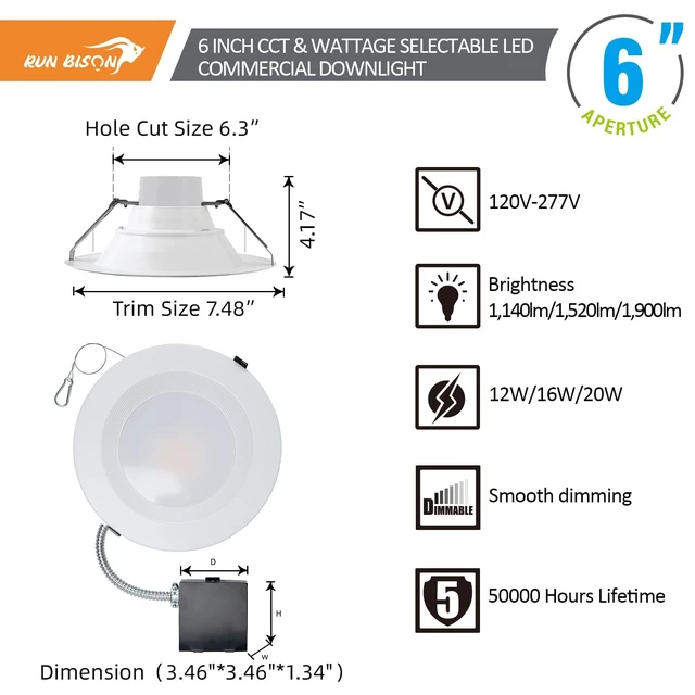 Alt view image 2 of 7 - Run Bison 6 inch 120-277V LED Recessed Lighting with J-Box, ETL Listed | Wattage Adjustable 12/16/20W,3 Color Selectable 3000K-5000K, 10%-100% Dimmable, Canless LED Downlight -1 Pack