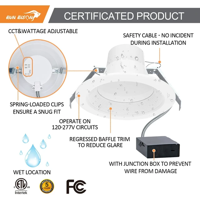 Alt view image 3 of 7 - Run Bison 6 inch 120-277V LED Recessed Lighting with J-Box, ETL Listed | Wattage Adjustable 12/16/20W,3 Color Selectable 3000K-5000K, 10%-100% Dimmable, Canless LED Downlight -1 Pack