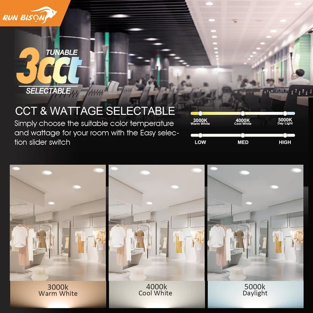 Alt view image 6 of 7 - Run Bison 6 inch 120-277V LED Recessed Lighting with J-Box, ETL Listed | Wattage Adjustable 12/16/20W,3 Color Selectable 3000K-5000K, 10%-100% Dimmable, Canless LED Downlight -1 Pack