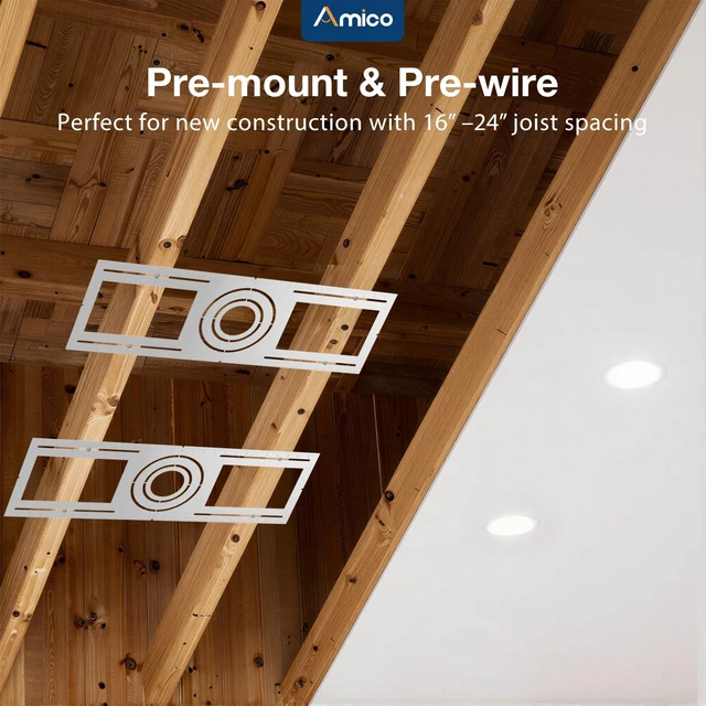 Alt view image 2 of 7 - Amico 24 Pack 26 Inch New Construction Mounting Plate, Wafer Light Bracket | Round Hole 3/4/6 Inch Flat Galvanized Steel Wafer Light Rough in Plate for LED Recessed Lighting Housing