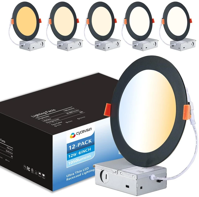 Main image of CycevSun 12 Pack 6 Inch Black Recessed Lights, Canless Wafer Pot Lighting | Dimmable, 5CCT Selectable, With Junction Box, No Can Needed, Exterior Outdoor Soffit, 12W 1050LM, 120V, ETL, IC Rated