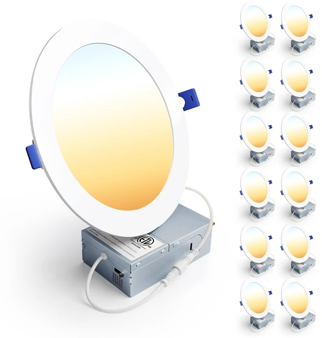 Main image of Ensenior 12 Pack 7 Inch LED Recessed Ceiling Light, 5CCT, 1600LM 15W 120V | 2700K-5000K Selectable, 5%-100% Dimmable, Ultra-Thin Canless Wafer Downlight, Aluminum, Damp Rated, ETL&FCC&IC