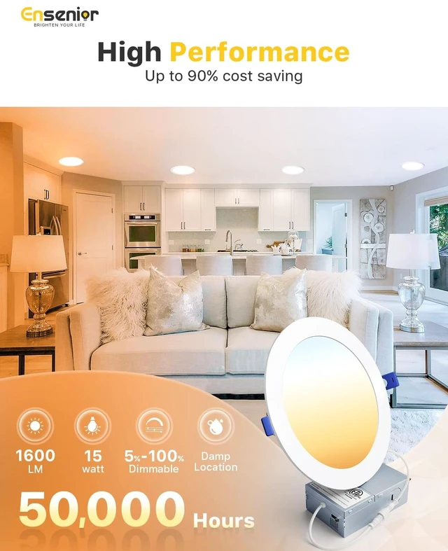 Alt view image 2 of 7 - Ensenior 12 Pack 7 Inch LED Recessed Ceiling Light, 5CCT, 1600LM 15W 120V | 2700K-5000K Selectable, 5%-100% Dimmable, Ultra-Thin Canless Wafer Downlight, Aluminum, Damp Rated, ETL&FCC&IC