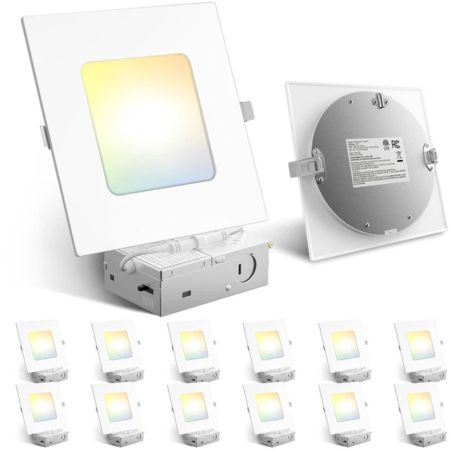 Main image of Amico 12 Pack 6 Inch 5CCT Ultra-Thin Square LED Recessed Ceiling Light | Fits Existing Round Cutout, 1050LM, 12W, 10%-100% Smooth Dimming, Junction Box Included, ETL & FCC, Canless Wafer Downlight