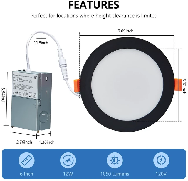 Alt view image 7 of 7 - CycevSun 12 Pack 6 Inch Black Recessed Lights, Canless Wafer Pot Lighting | Dimmable, 5CCT Selectable, With Junction Box, No Can Needed, Exterior Outdoor Soffit, 12W 1050LM, 120V, ETL, IC Rated