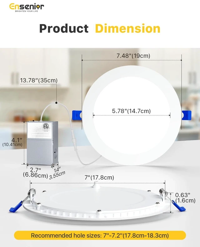 Alt view image 5 of 7 - Ensenior 12 Pack 7 Inch LED Recessed Ceiling Light, 5CCT, 1600LM 15W 120V | 2700K-5000K Selectable, 5%-100% Dimmable, Ultra-Thin Canless Wafer Downlight, Aluminum, Damp Rated, ETL&FCC&IC
