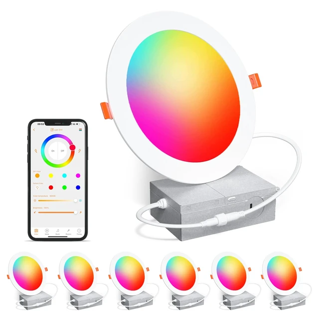Main image of Smart Recessed Lighting 6 Inch RGBCW Color Changing 16W LED Recessed Ceiling Light with Junction Box,1350LM Canless LED Downlight Compatible with Alexa,Dimmable by Bluetooth Control,6 Pack