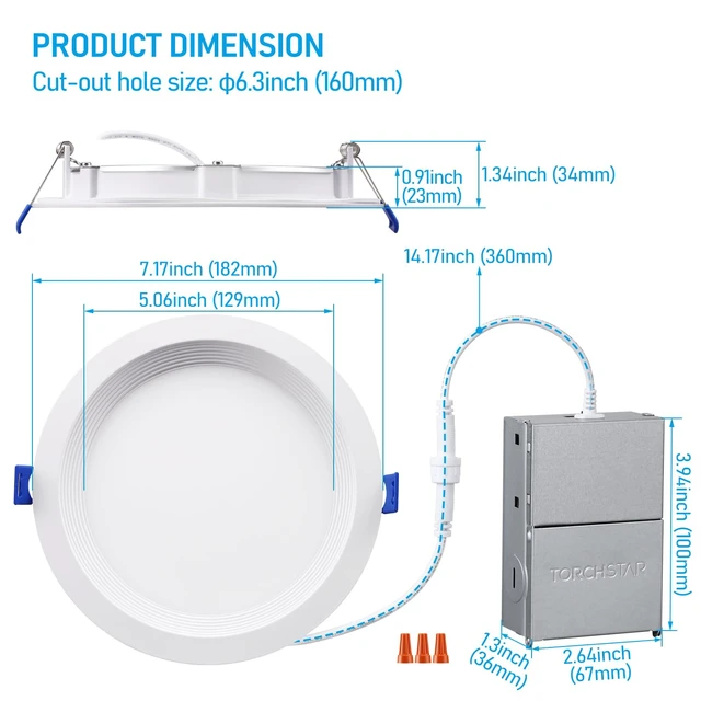 Alt view image 7 of 7 - TORCHSTAR 8-Pack 5CCT 6 Inch Slim LED Recessed Lights, Anti-Glare, Aluminum | 12W 1000LM, CRI90 Dimmable Ceiling Downlight with J Box, Air Tight, IC Rated, 2700K3000K3500K4000K5000K, ETL, Energy Star