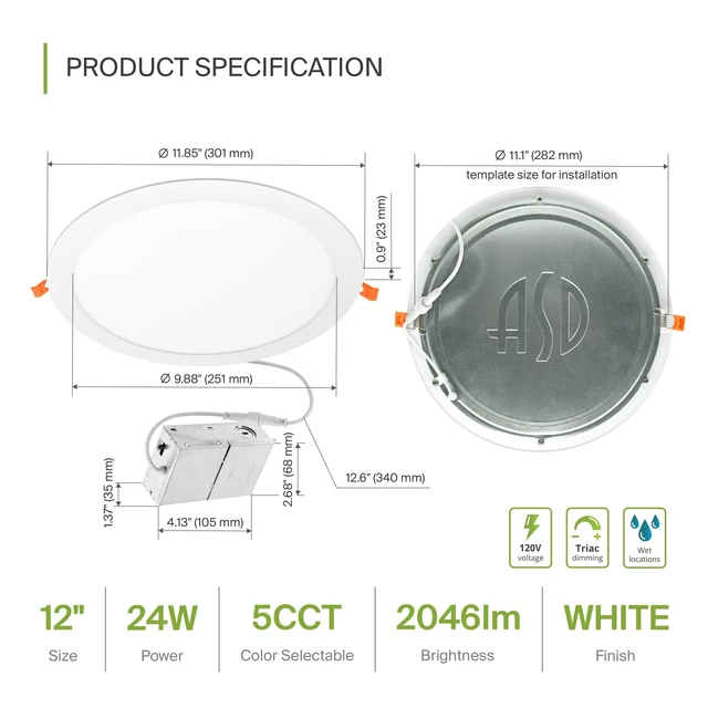 Alt view image 2 of 7 - ASD 4 Pack 11/12 Inch LED Recessed Lighting 24W, 5 CCT 2700K-5000K CRI90+, IC Rated Ultra Thin Dimmable Ceiling Lights with J Box, Canless Wafer Downlight, Round Slim Panel Light, UL Listed, White