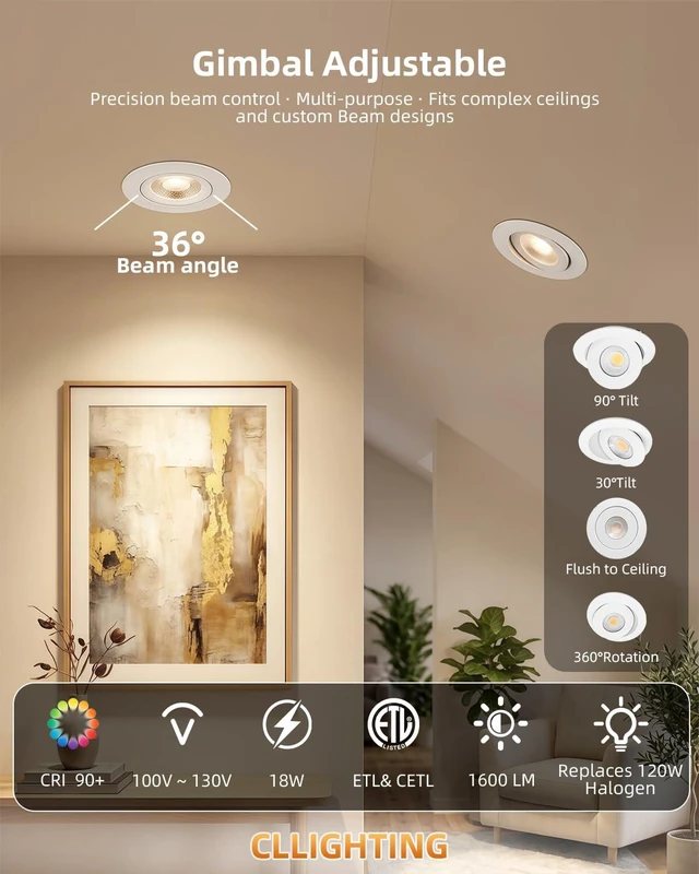 Alt view image 2 of 7 - Gimbal Led Recessed Light 6 inch - 5CCT 18W for Sloped Ceiling | 4 Pack, 1600LM, 360° Rotatable+90° Tilt Eyeball Canless Light, 120V, ETL& IC, Damp Rated, 5%-100% Dimmable, 90+CRI, 38°Beam