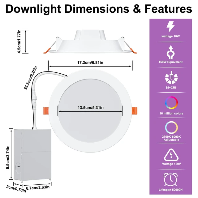 Alt view image 7 of 7 - Smart Recessed Lighting 6 Inch RGBCW Color Changing 16W LED Recessed Ceiling Light with Junction Box,1350LM Canless LED Downlight Compatible with Alexa,Dimmable by Bluetooth Control,6 Pack