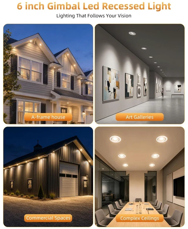 Alt view image 7 of 7 - Gimbal Led Recessed Light 6 inch - 5CCT 18W for Sloped Ceiling | 4 Pack, 1600LM, 360° Rotatable+90° Tilt Eyeball Canless Light, 120V, ETL& IC, Damp Rated, 5%-100% Dimmable, 90+CRI, 38°Beam