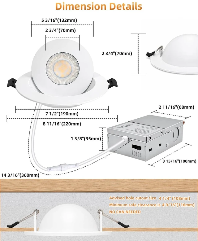 Alt view image 4 of 7 - Gimbal Led Recessed Light 6 inch - 5CCT 18W for Sloped Ceiling | 4 Pack, 1600LM, 360° Rotatable+90° Tilt Eyeball Canless Light, 120V, ETL& IC, Damp Rated, 5%-100% Dimmable, 90+CRI, 38°Beam