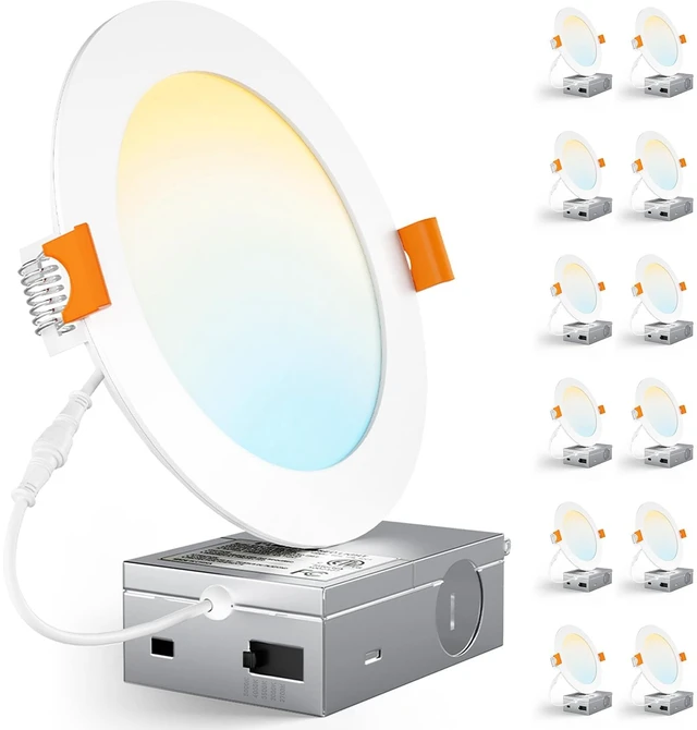Main image of CHARKEE 12 Pack 6 Inch 5CCT LED Canless Recessed Ceiling Light | Ultra-Thin Wafer Downlight with Junction Box, 5%-100% Dimmable, 1050LM, 2700K-5000K Selectable12W, ETL & Energy Star & FCC