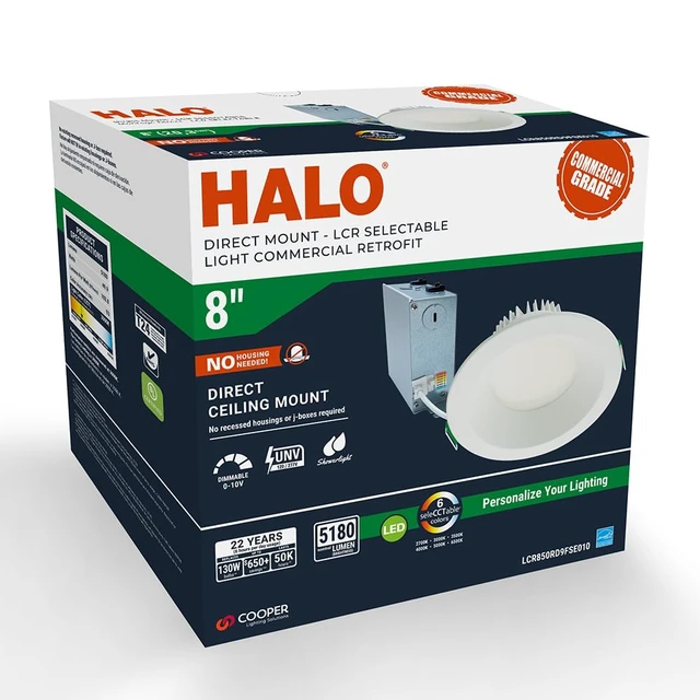 Alt view image 2 of 7 - HALO LCR 8 inch Recessed Smooth Canless LED Downlight, 5000 Lumens, 6CCT | 2700K-6500K selectable CCT; dim with residential or commercial dimmers; Wet location listed for showers & protected ceilings