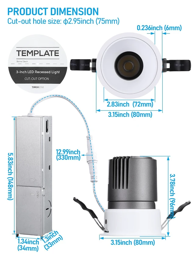 Alt view image 7 of 7 - TORCHSTAR 4-Pack 3 Inch 5CCT Zero Glare LED Recessed Lights with J-Box | Deep Recessed Anti Glare Canless Downlight, Gimbal Ceiling Light, Ultra Narrow Frame, ETL FCC, 2700K/3000K/3500K/4000K/5000K