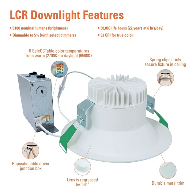 Alt view image 4 of 7 - HALO LCR 8 inch Recessed Smooth Canless LED Downlight, 5000 Lumens, 6CCT | 2700K-6500K selectable CCT; dim with residential or commercial dimmers; Wet location listed for showers & protected ceilings