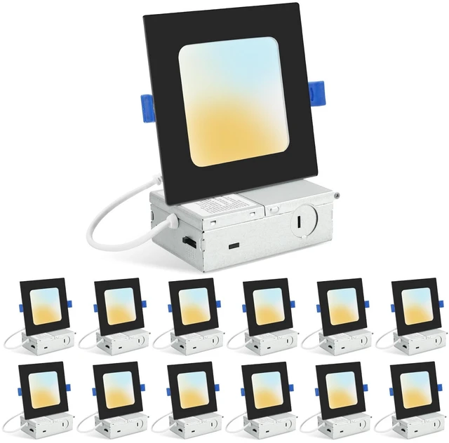 Main image of HONZIN 12 Pack 6 Inch Square LED Recessed Lighting, 5CCT, 15W, Dimmable | Ultra-Thin Canless Downlights with Selectable 2700K/3000K/3500K/4000K/5000K, IC Rated, Junction Box, Black