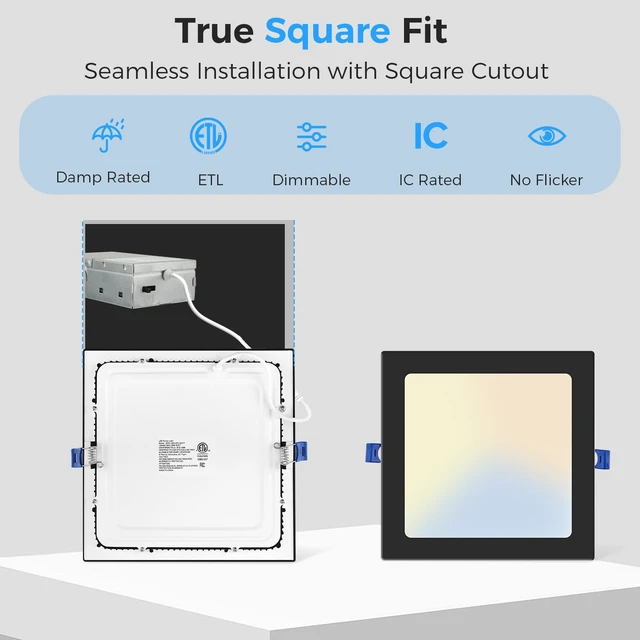 Alt view image 2 of 7 - HONZIN 12 Pack 6 Inch Square LED Recessed Lighting, 5CCT, 15W, Dimmable | Ultra-Thin Canless Downlights with Selectable 2700K/3000K/3500K/4000K/5000K, IC Rated, Junction Box, Black