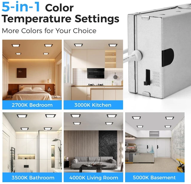 Alt view image 3 of 7 - HONZIN 12 Pack 6 Inch Square LED Recessed Lighting, 5CCT, 15W, Dimmable | Ultra-Thin Canless Downlights with Selectable 2700K/3000K/3500K/4000K/5000K, IC Rated, Junction Box, Black