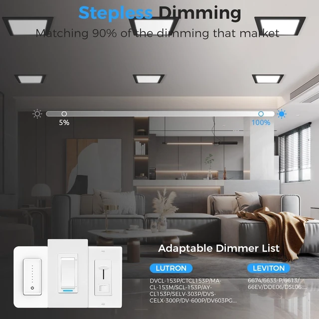 Alt view image 4 of 7 - HONZIN 12 Pack 6 Inch Square LED Recessed Lighting, 5CCT, 15W, Dimmable | Ultra-Thin Canless Downlights with Selectable 2700K/3000K/3500K/4000K/5000K, IC Rated, Junction Box, Black
