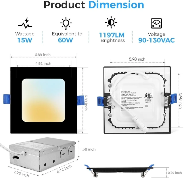 Alt view image 5 of 7 - HONZIN 12 Pack 6 Inch Square LED Recessed Lighting, 5CCT, 15W, Dimmable | Ultra-Thin Canless Downlights with Selectable 2700K/3000K/3500K/4000K/5000K, IC Rated, Junction Box, Black
