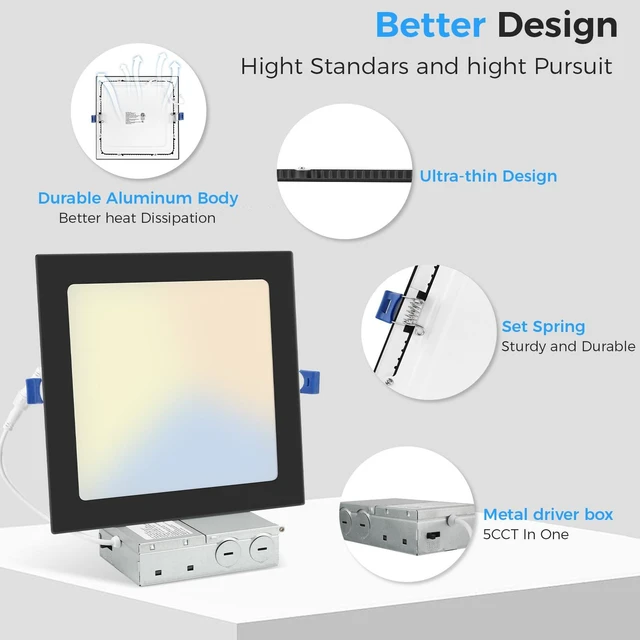Alt view image 6 of 7 - HONZIN 12 Pack 6 Inch Square LED Recessed Lighting, 5CCT, 15W, Dimmable | Ultra-Thin Canless Downlights with Selectable 2700K/3000K/3500K/4000K/5000K, IC Rated, Junction Box, Black