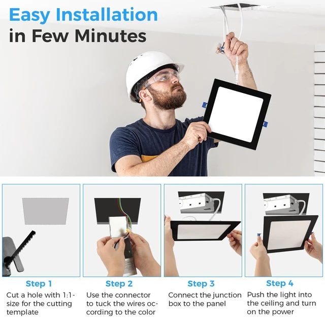 Alt view image 7 of 7 - HONZIN 12 Pack 6 Inch Square LED Recessed Lighting, 5CCT, 15W, Dimmable | Ultra-Thin Canless Downlights with Selectable 2700K/3000K/3500K/4000K/5000K, IC Rated, Junction Box, Black