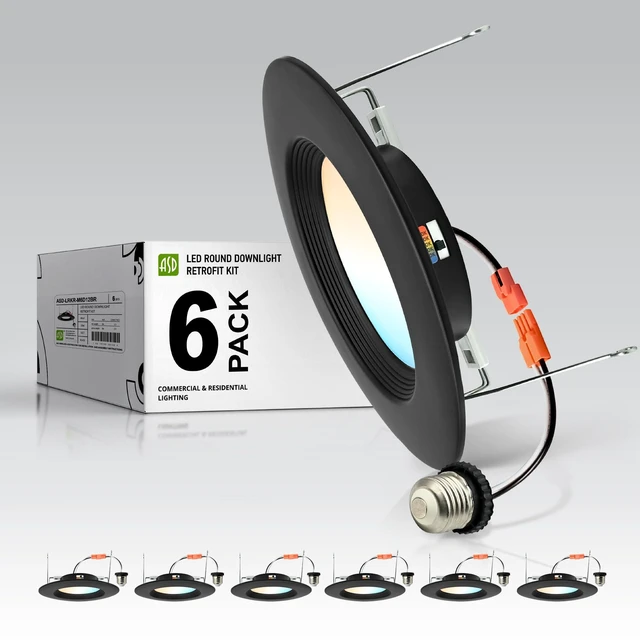 Main image of ASD 6 Pack Black Retrofit LED Recessed Lighting 6 Inch, 5CCT Wafer Lights | 12W 2700K-5000K 1078LM Metal Can Lights for Ceiling 6 Inch, Baffle Trim Dimmable 6 Inch Recessed Lights, ETL Energy Star