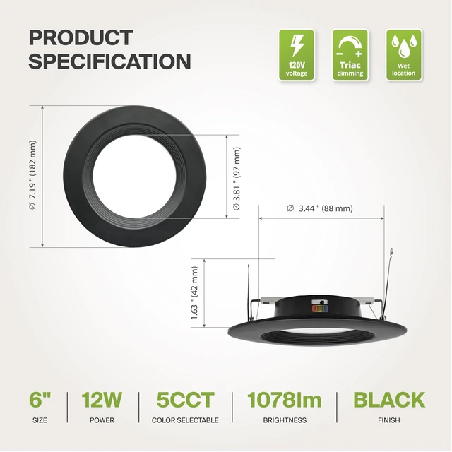Alt view image 7 of 7 - ASD 6 Pack Black Retrofit LED Recessed Lighting 6 Inch, 5CCT Wafer Lights | 12W 2700K-5000K 1078LM Metal Can Lights for Ceiling 6 Inch, Baffle Trim Dimmable 6 Inch Recessed Lights, ETL Energy Star